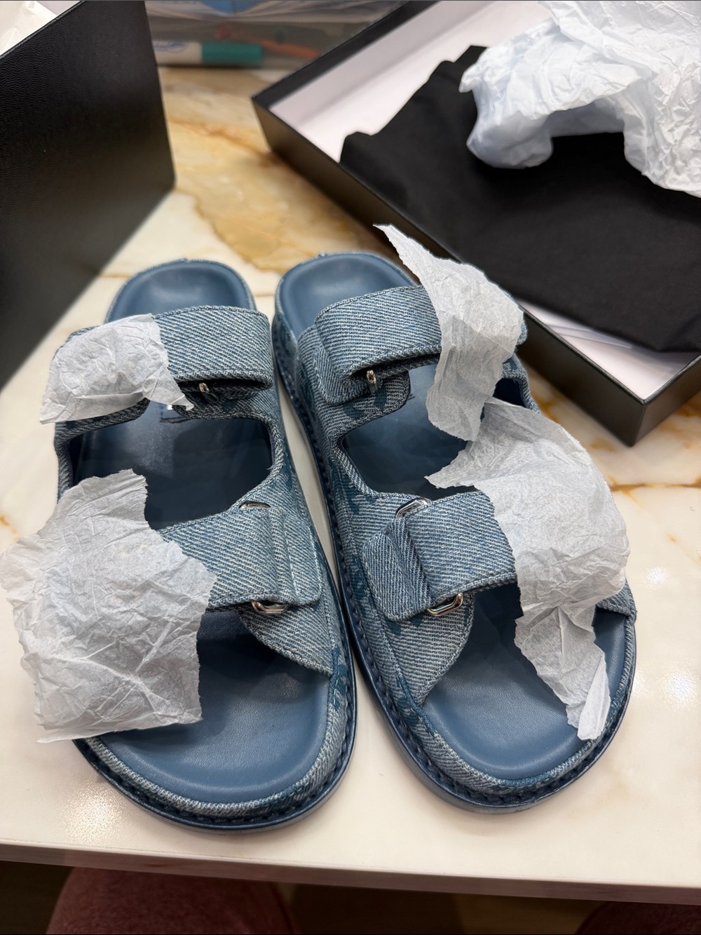 Dad sandals - mule - Denim Double-Strap Slide Sandals